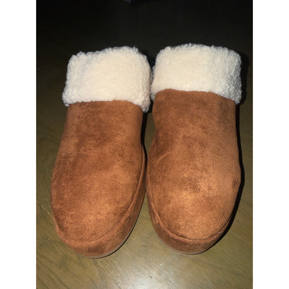 Time and Tru Womens Brown Wedge Clog Platform Faux Fur Mules Size 10